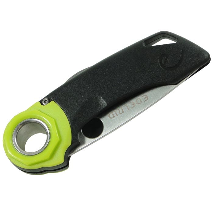 Ropetooth Klappmesser von Edelrid mit schwarzem Griff, grünem Akzent und teilweise eingeklapptem silbernen Klingenblatt, von oben fotografiert