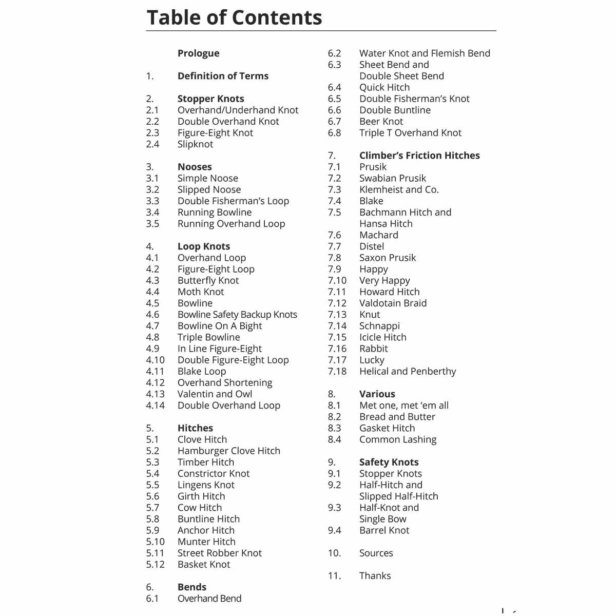 Schwarz-weiße Inhaltsverzeichnis-Seite aus dem Tree Climber's Knotbook mit Kapiteln und Unterkapiteln zu verschiedenen Knotentypen und Techniken
