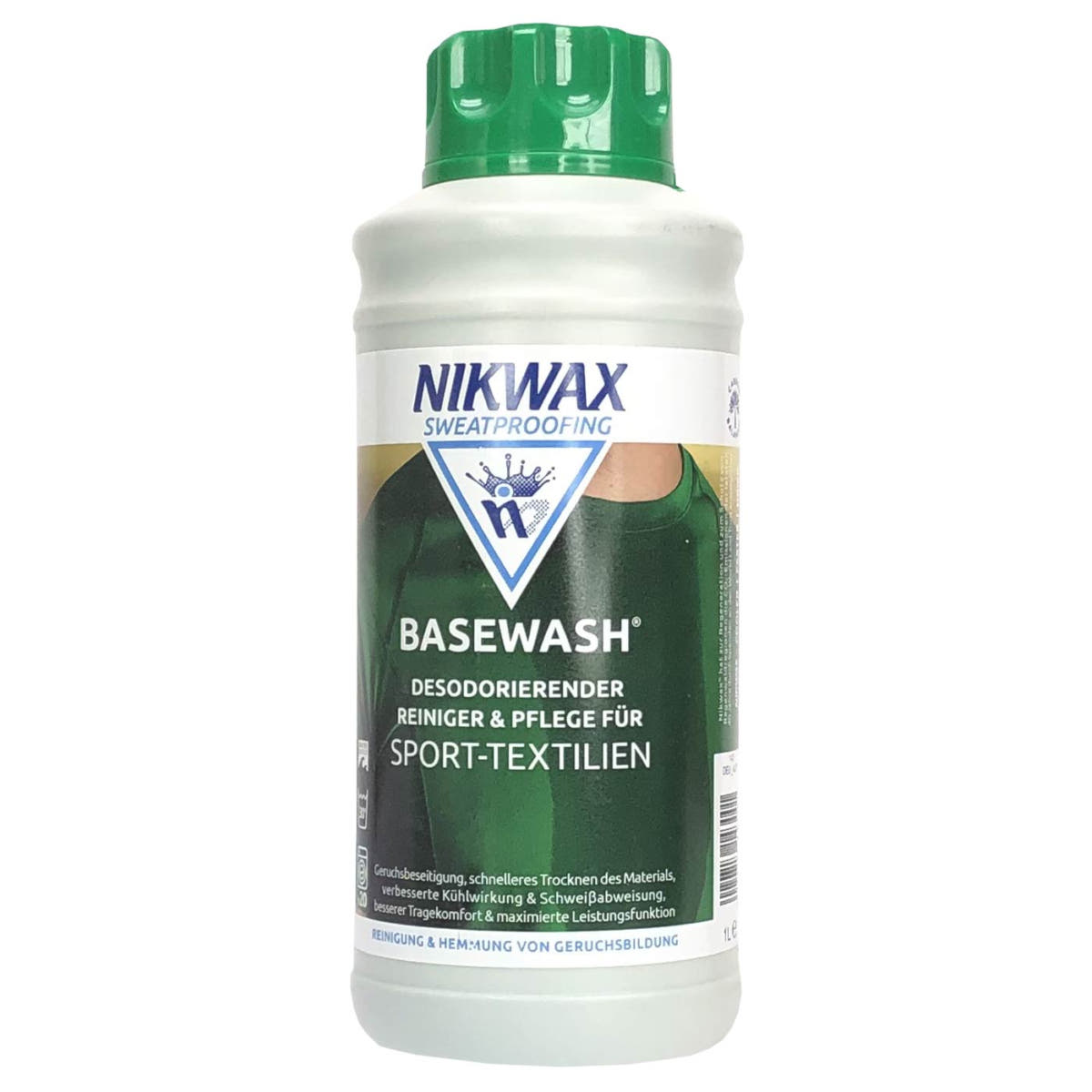 Nikwax Basewash Flasche mit grünem Deckel, weißem Körper und grünem Etikett, auf dem steht „Desodorierender Reiniger & Pflege für Sport-Textilien“