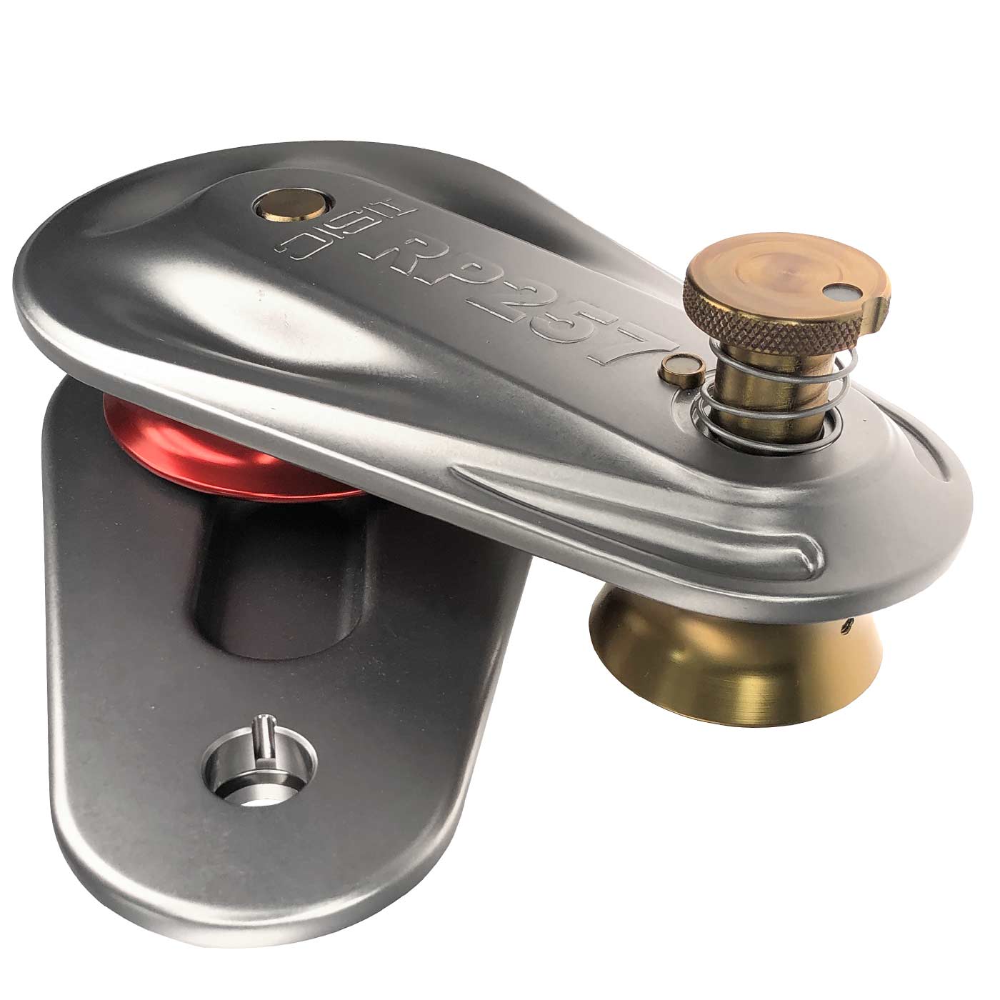 Large Rigging Pulley mit silbernem Metallgehäuse, roter und goldener Rolle, Produktcode RP257, liegend dargestellt
