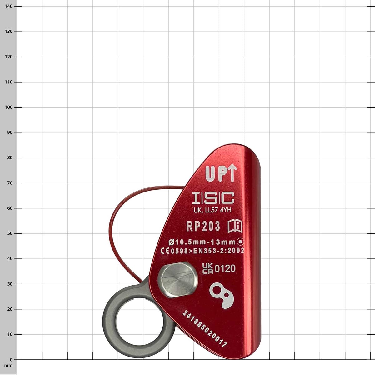 Mini Ropegrab, rotes Seilgerät mit grauem Ring und Aufdrucken, Vorderansicht