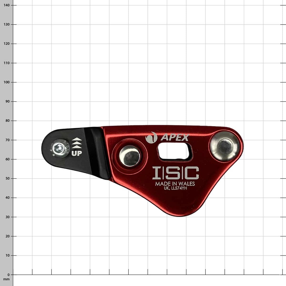 Apex Rope Wrench von ISC, rot-schwarzes Metallgerät mit Aufschrift "APEX ISC Made in Wales" vor weißem Rasterhintergrund