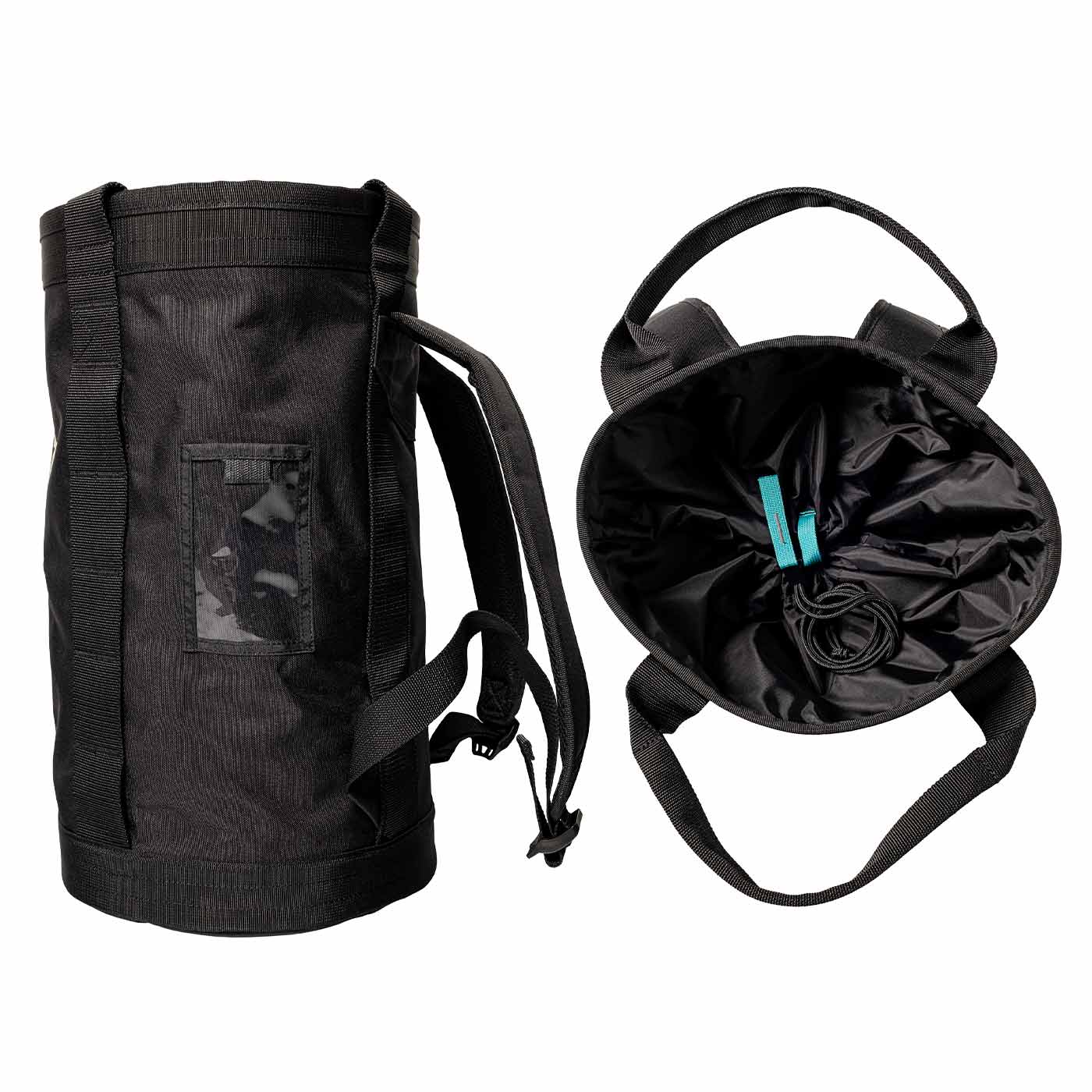 Pro 450 Bag, schwarze Tasche von Notch mit Sicht auf Rückseite und offenen Innenraum mit Kordelzugverschluss