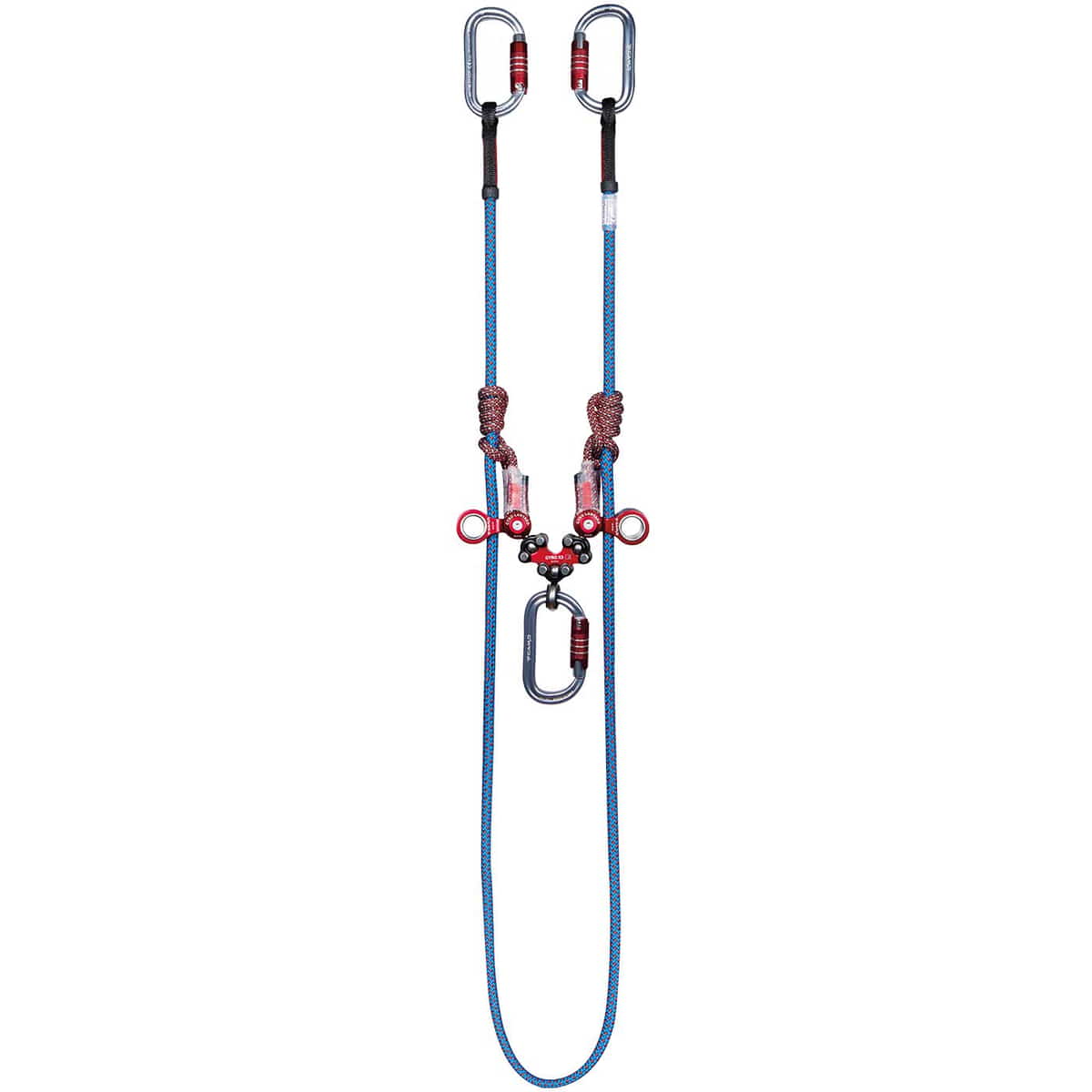 Gyro Lanyard Double, zwei blaue und rote Kletterseile mit roten Metallrollen, schwarzem Schutzüberzug und grauen Karabinern mit rotem Verschluss