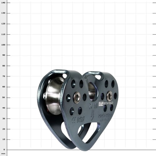 Tandem Speed Produkt, schwarzes Metallseilrolle mit zwei Rollen und mehreren runden Löchern im Gehäuse