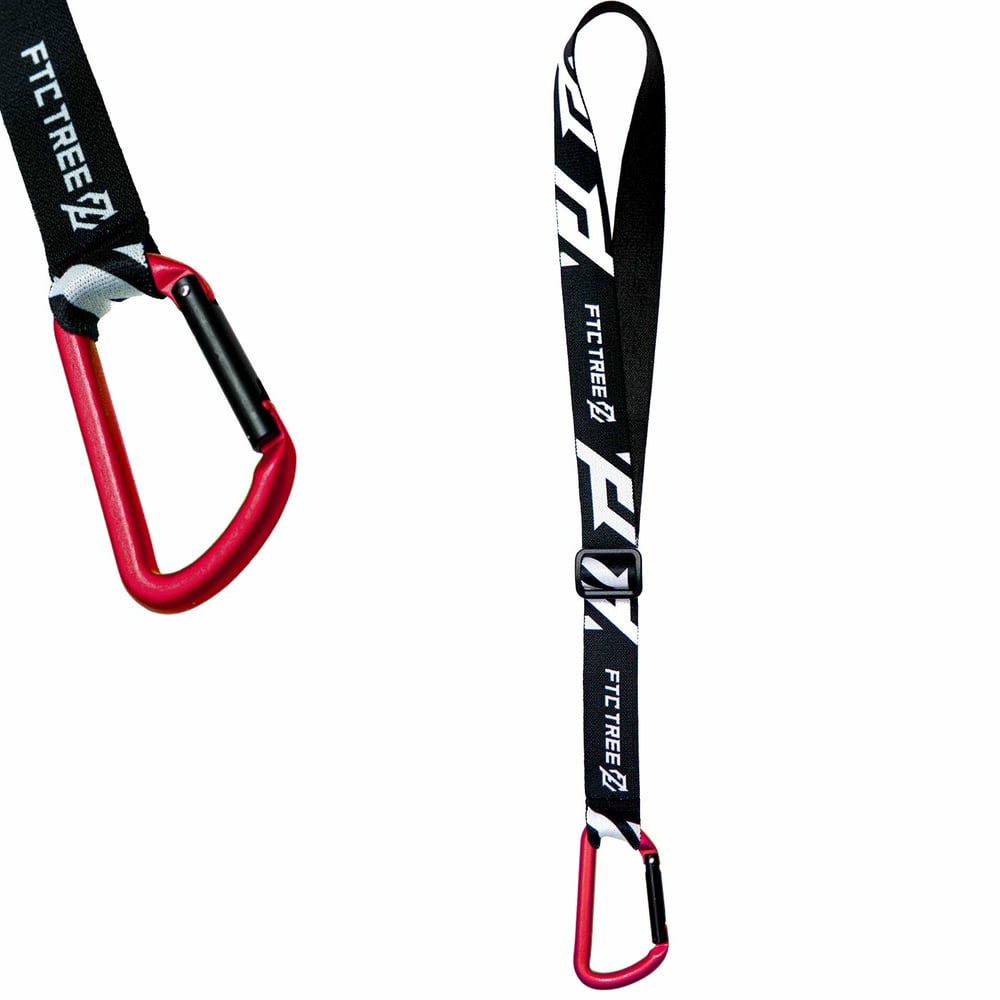 SRT Neck Loop schwarzes Band mit weißem FTC Tree Logo, verstellbarem Verschluss und rotem Karabinerhaken