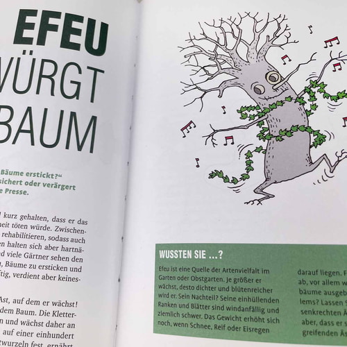 Buchinnenseite mit Titel "Efeu erwürgt Baum" und Illustration eines tanzenden Baums mit Efeu umwickelt