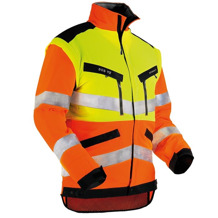 KlimaAIR® Warnjacke EN 20471 von vorne in Gelb und Orange mit schwarzen Details, zwei Reißverschlusstaschen auf der Brust mit Aufdrucken "SOS 112" und "7 FRANKEL", reflektierenden Streifen an Armen und Brust