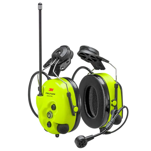 3M Peltor Lite Com Plus gelber Gehörschutz mit Mikrofon und Antenne, von vorne fotografiert