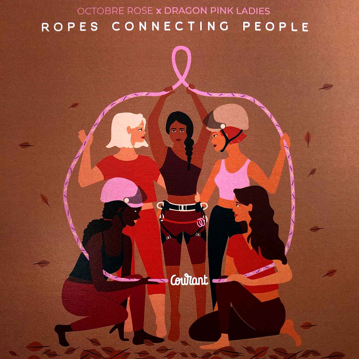 Illustration von fünf Frauen, die ein pinkes Seil in Form einer Schleife halten, mit dem Text "Octobre Rose x Dragon Pink Ladies Ropes Connecting People" und dem Logo "Courant" unten in der Mitte