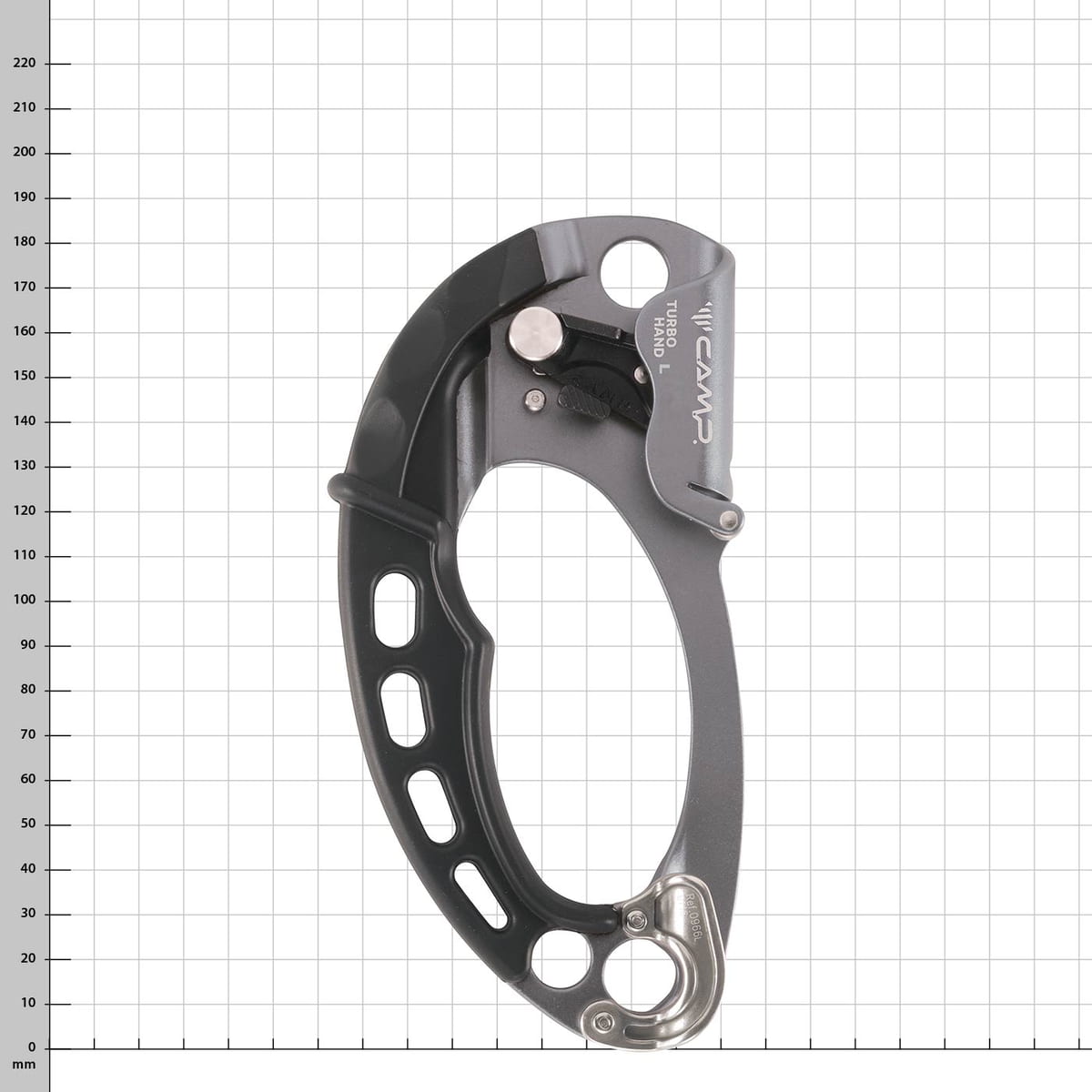 Turbohand Pro L von CAMP, grauer und schwarzer Klettersteig-Handschuh mit Metallteilen, auf kariertem Hintergrund