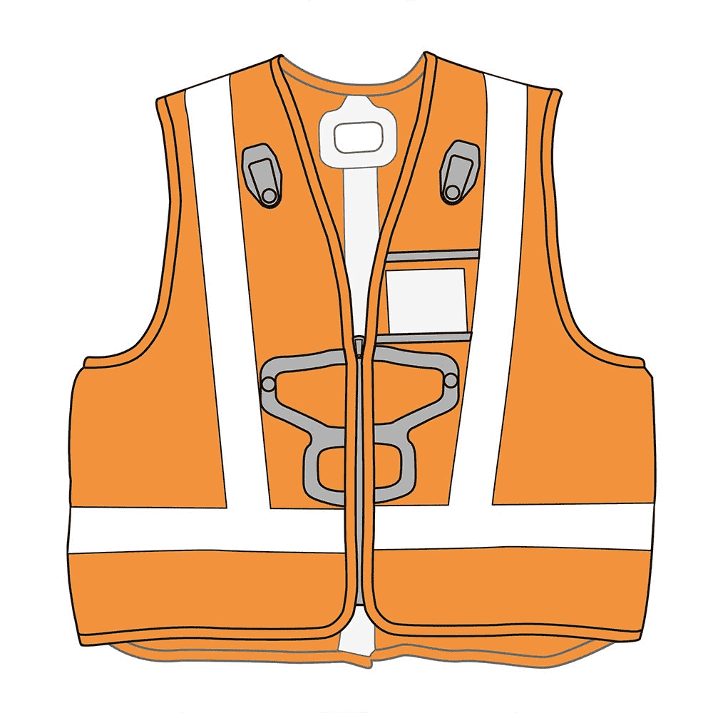 Newton Vest HI-VIZ Illustration einer Warnweste in orange mit grauen Reflexstreifen, schwarzen Halterungen und Taschen