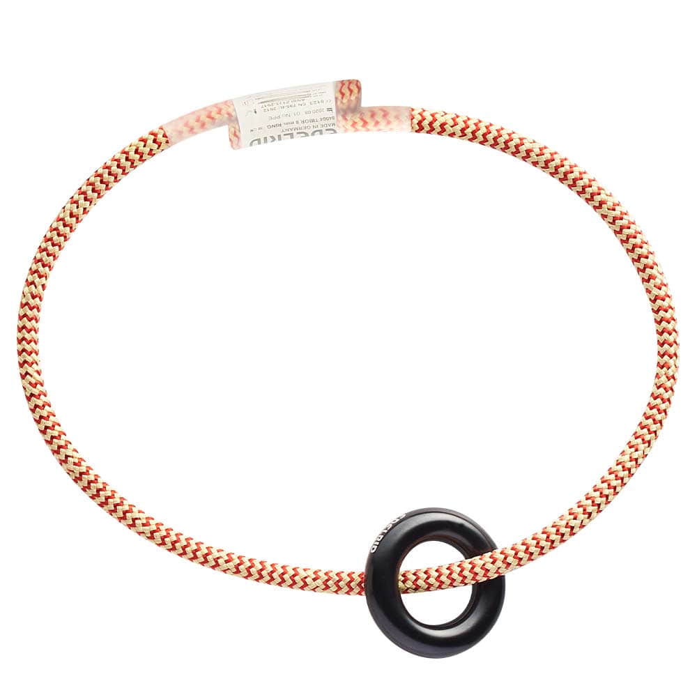 Tibor Loop Ring aus einem roten und weißen geflochtenen Seil mit einem schwarzen Ring aus Kunststoff oder Metall