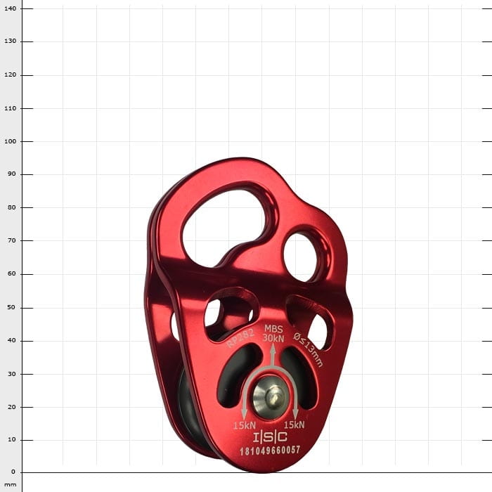 Phlotich rotes Seilrolle mit mehreren Öffnungen und schwarzem Rad, Hersteller Phlotich, Typ Seilrolle, Rückseite mit technischen Angaben und Herstellerlogo