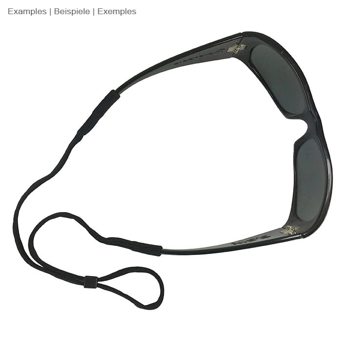 Schwarze Sonnenbrille mit Brillenband, ohne Herstellerangabe, Ansicht von oben mit sichtbarem Brillenband
