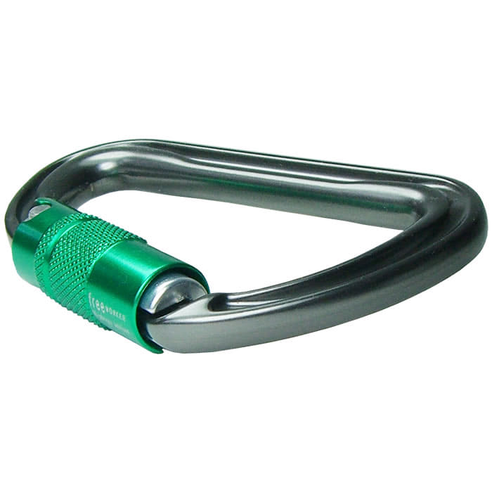 Shadow Karabiner mit grünem Schraubverschluss, Hersteller DMM, Typ nicht sichtbar liegend vor weißem Hintergrund