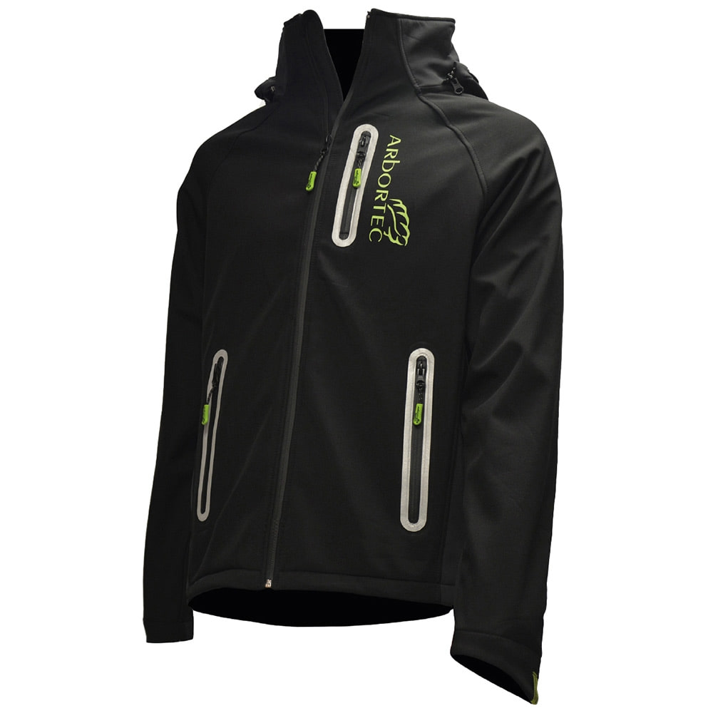 Schwarze Jacke Caiman von Arbortec mit drei Reißverschlusstaschen und grünem Logo auf der Brust