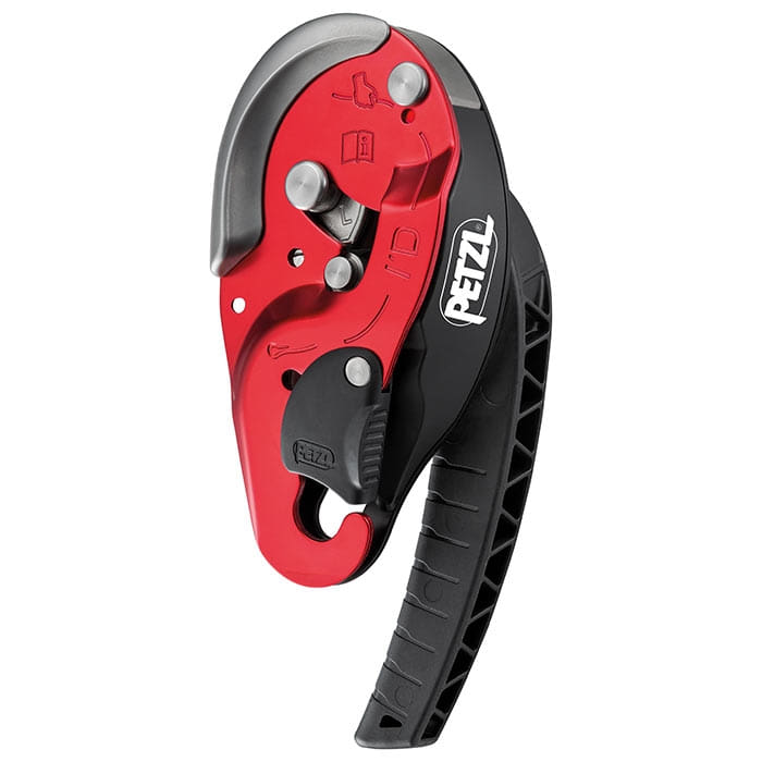 I'D L von Petzl, ein rotes und schwarzes Klettergerät mit Hebel und Metallteilen