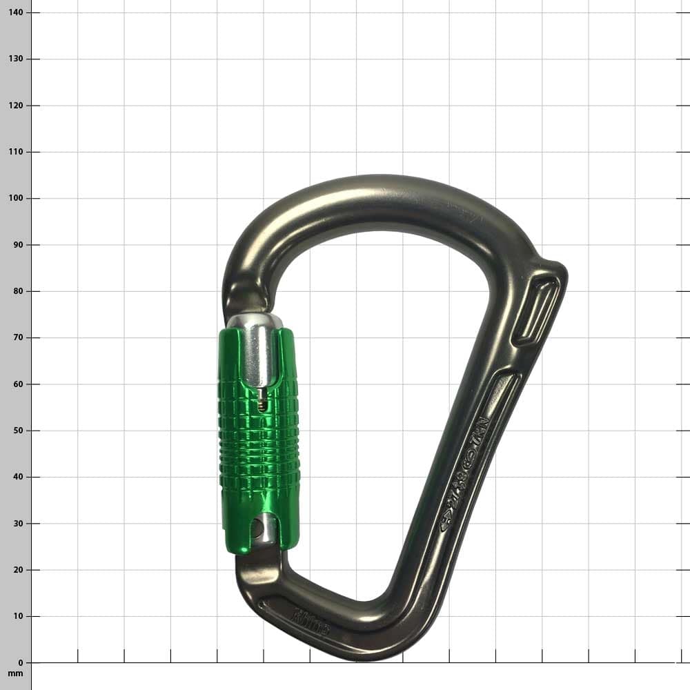 Rhino Karabiner mit grünem Verschlussmechanismus auf kariertem Hintergrund