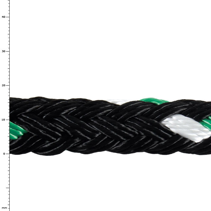 GEFA 4 t PES grün, Nahaufnahme eines schwarz-grün-weißen geflochtenen Seils aus Polyester
