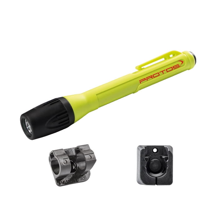 PROTOS® Maclip Light Mini L gelbe Stiftlampe mit schwarzer Spitze und rotem PROTOS-Logo, dazu zwei graue Metallhalterungen