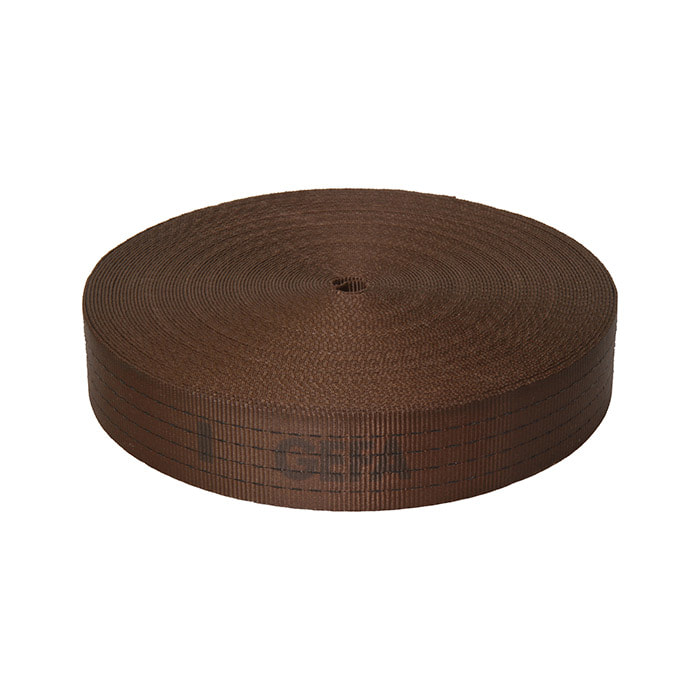 GEFA 10 t Gurtband XL braunes, aufgerolltes Gurtband mit schwarzer Schrift