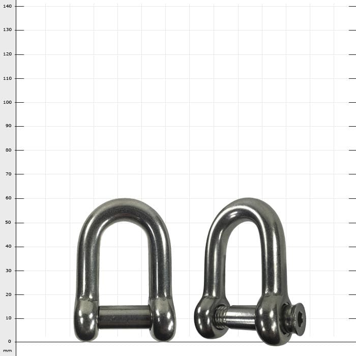 Edelstahlschäkel, zwei silberne Metallbügel nebeneinander, einer mit Schraubverschluss, der andere ohne sichtbaren Verschluss