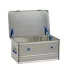 Alubox Comfort 48, geschlossene silberne Aluminiumbox mit blauen Griffen und Verschlüssen