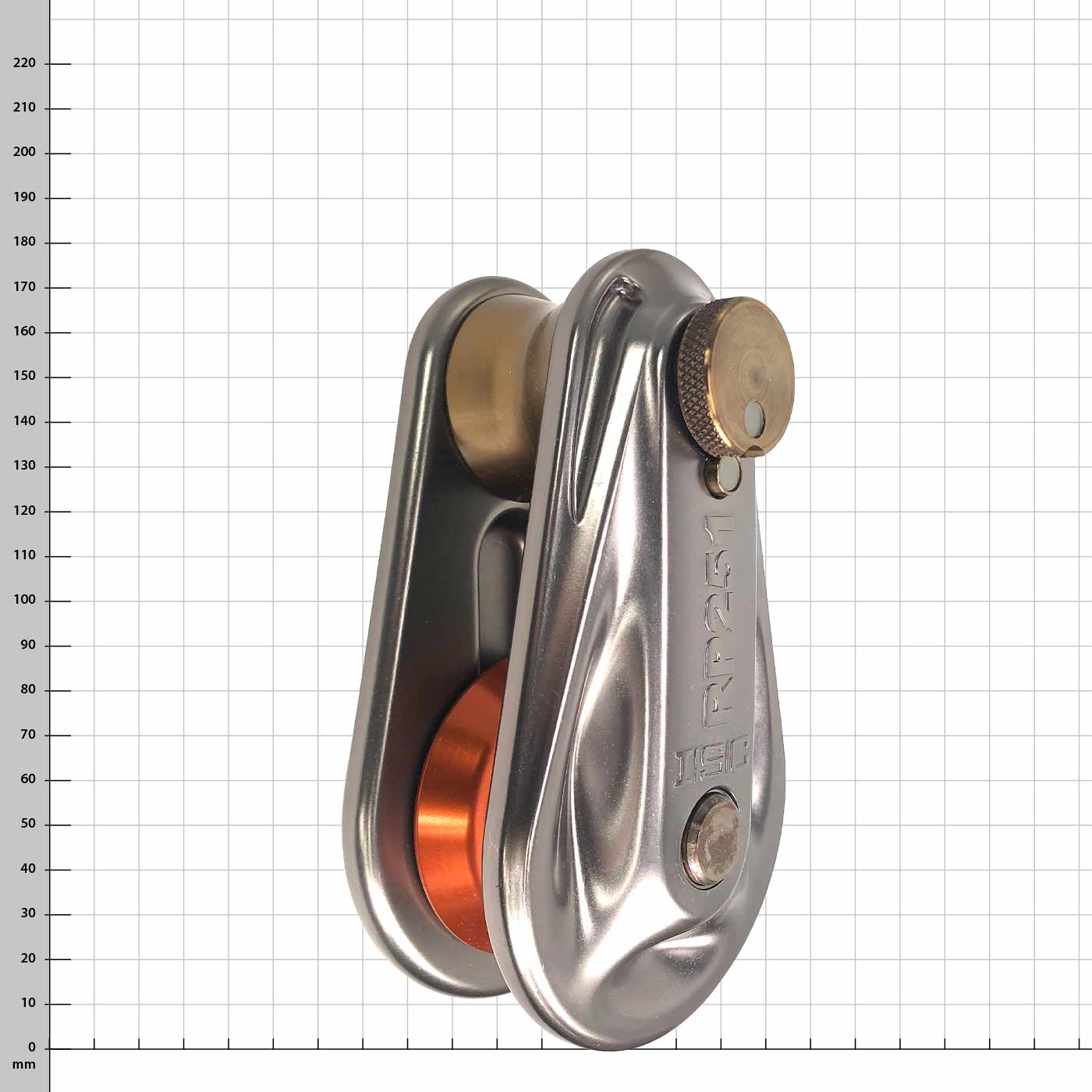 Small Rigging Pulley, silbernes Metallgehäuse mit orangefarbener Rolle und Messing-Elementen, Produktname auf der Seite eingraviert