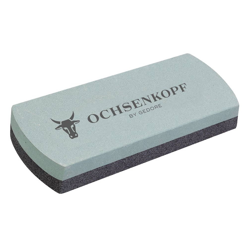 Silizium-Carbid Schleifstein, rechteckig mit hellgrauer Oberseite und schwarzer Unterseite, mit Aufdruck "OCHSENKOPF BY GEDORE" und Stierkopf-Logo