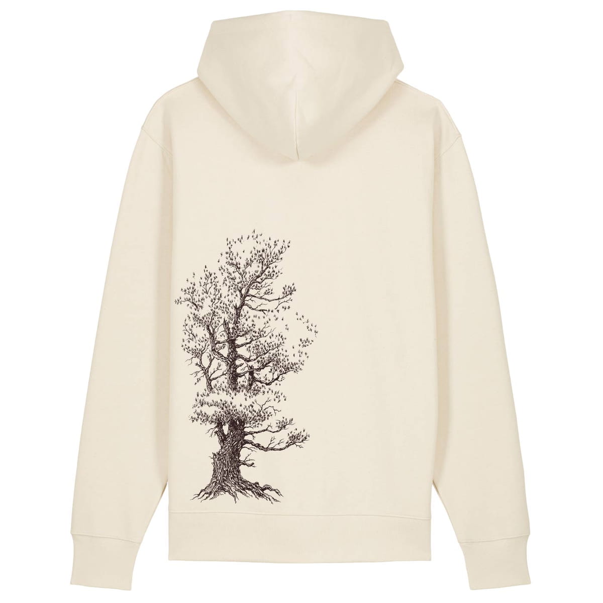 Stone Pine Tree Zipp Hoodie in cremeweiß mit Kapuze und großem Baumdruck auf der Rückseite