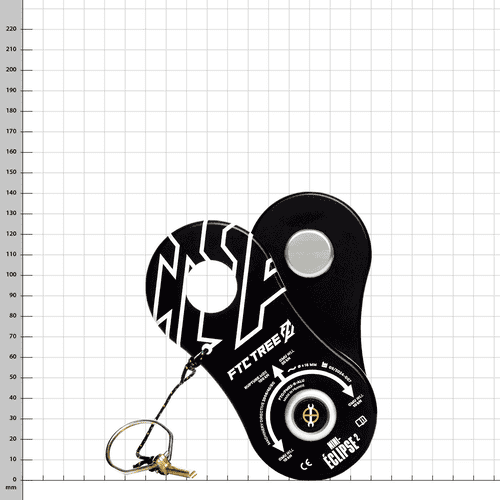 Mini-Eclipse 2 Alu, schwarze Umlenkrolle mit weißen Aufdrucken, Metallrolle, von oben mit sichtbarer Sicherungsschlaufe