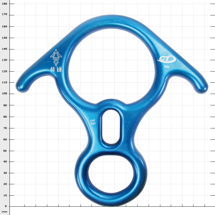 BIG-8 Alu blaues Aluminiumsteiggerät mit zwei großen und einem kleinen Loch, Herstellerlogo und Beschriftung "40 kN" sichtbar
