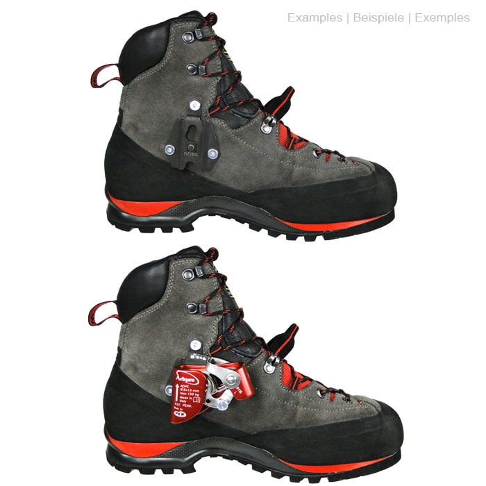 Quickstep Plate an grauem Wanderschuh mit schwarzen und roten Details befestigt, darunter ein rotes Klettergerät an einem anderen Schuh derselben Art.