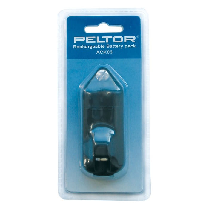Peltor Rechargeable Battery pack ACK03 in transparenter Blisterverpackung mit blauem Hintergrund, Hersteller Peltor, Produktname Lite Com ACK03 Akkupack
