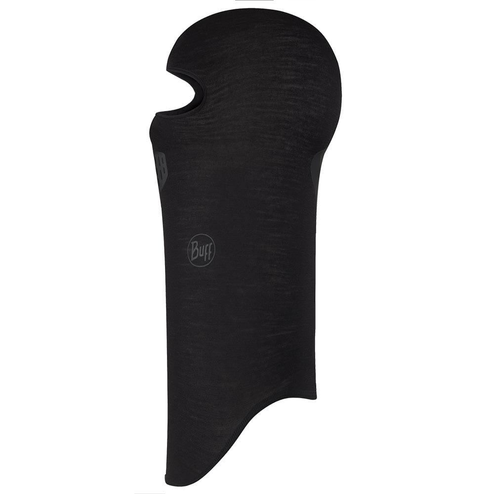 Balaclava Merino von Buff, schwarze Balaklava mit Logo auf der Vorderseite und Öffnung für das Gesicht