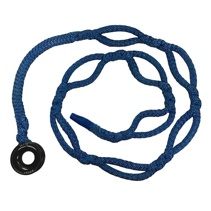 Kokoanknoten Schlinga 12, blaues geflochtenes Seil mit mehreren Schlaufen und schwarzem Kunststoffring