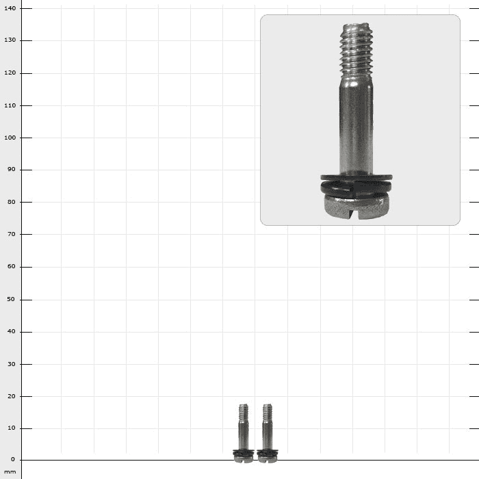 Longboy Schrauben-Set A zeigt zwei kurze silberne Schrauben mit schwarzem Dichtungsring und Schlitz am Kopf, daneben eine vergrößerte Einzelansicht einer identischen Schraube.