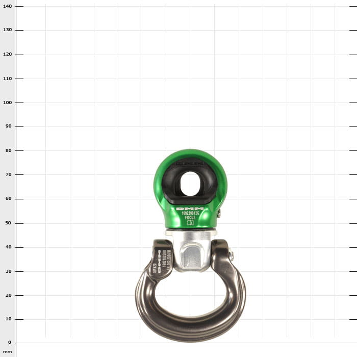 Mini-Swivel Focus L, grünes und silbernes Metallteil mit rundem oberen Abschnitt und großem Haken unten, Produktname sichtbar