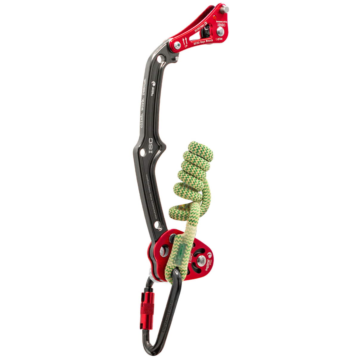 Rope Wrench Squirrel PPE Regulations System mit schwarzem und rotem Metallteil, grün-weißem Seil und schwarzem Karabiner von ISIC