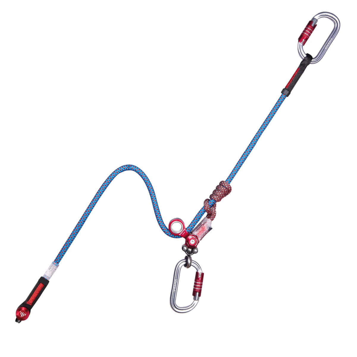 Gyro Lanyard Single, Kletterseil mit zwei Karabinern, blau-rotes Seil und rote Metallteile