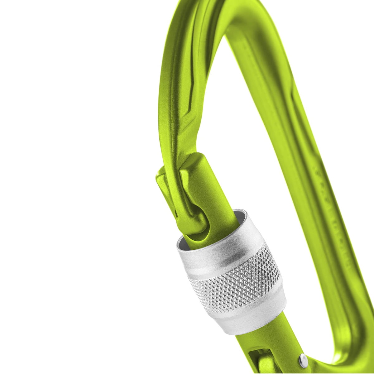 Nahaufnahme des grünen Edelrid Pure Screw III Karabiners mit sichtbarem Schraubverschluss und detaillierter Struktur des Materials