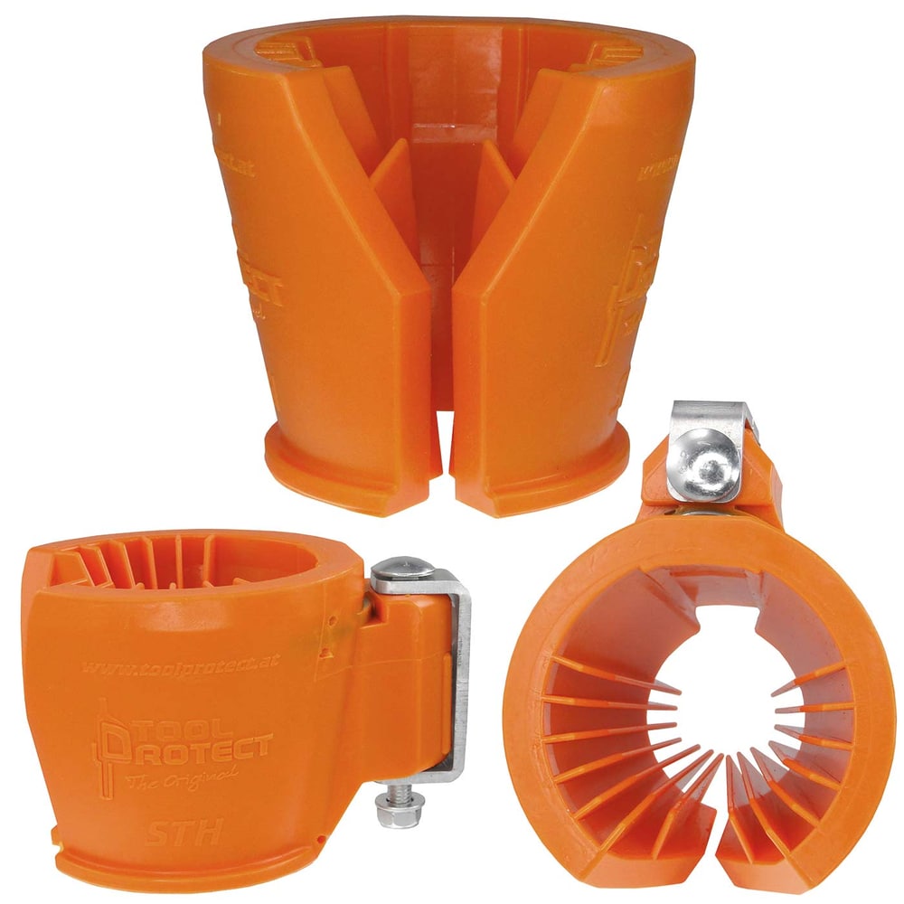 Schrauber- und Stangenhalter in orange aus Kunststoff mit Metallklammer, drei verschiedene Ansichten, Hersteller Tool Protect