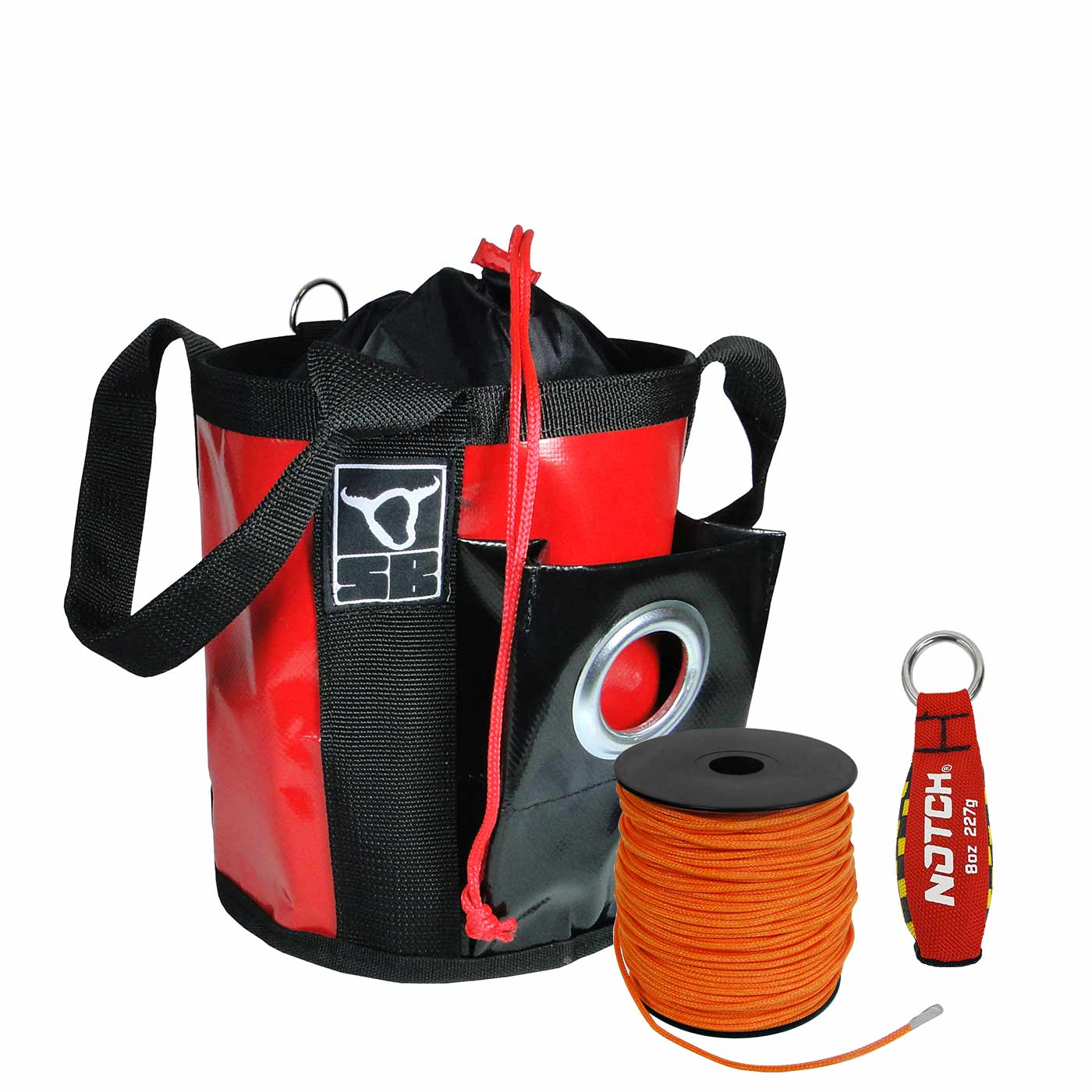 Mini Fly Set mit rotem und schwarzem Seilsack mit Tragegriff, einer Rolle orangefarbenem Seil und einem roten Notch-Gewicht mit Metallring