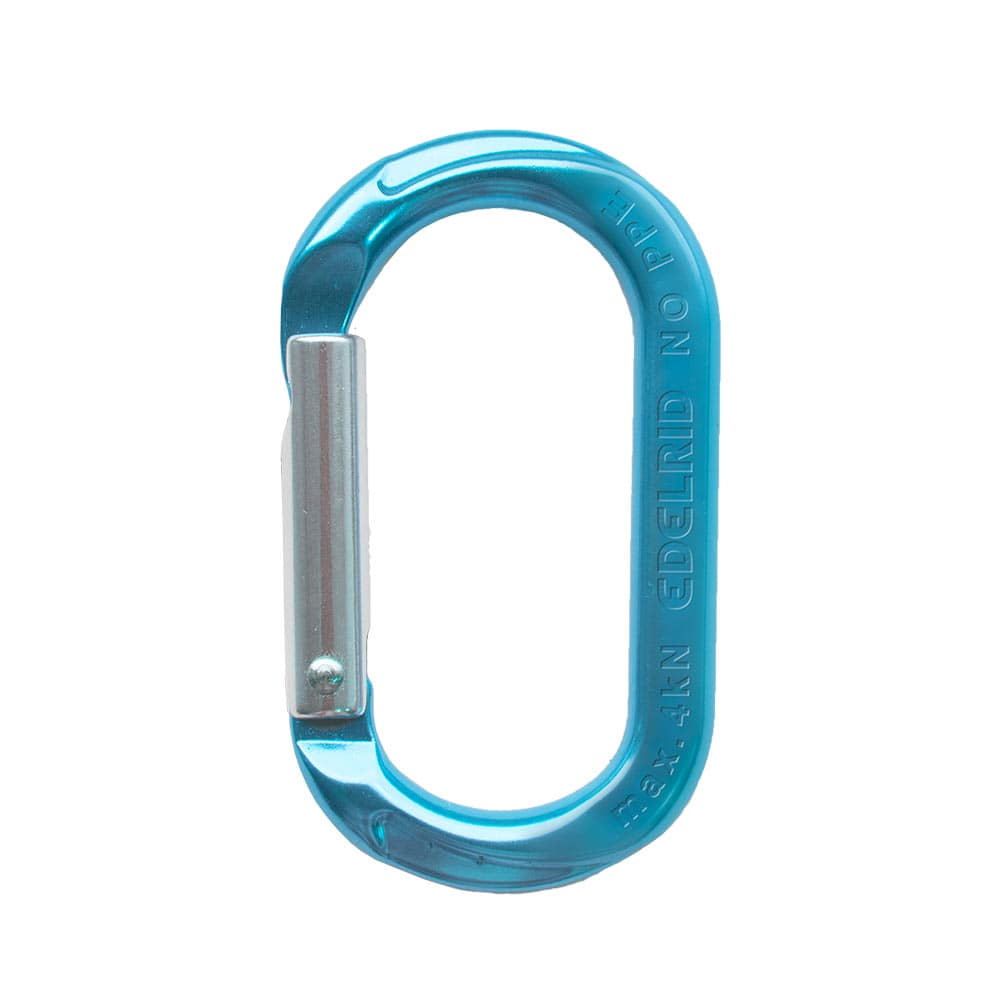Mini-O Karabinerhaken in Blau mit silberner Verschlussfeder, Hersteller nicht sichtbar