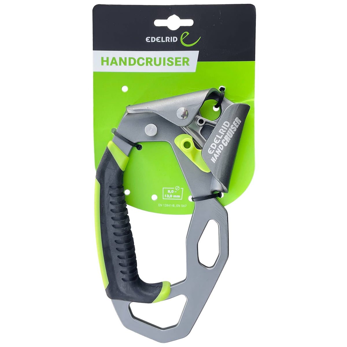 Hand Cruiser L von Edelrid, verpackt auf grün-schwarzer Pappe mit Aufschrift "Handcruiser" und "Edelrid Hand Cruiser" in Weiß, Produkt befestigt mit schwarzen Kabelbindern