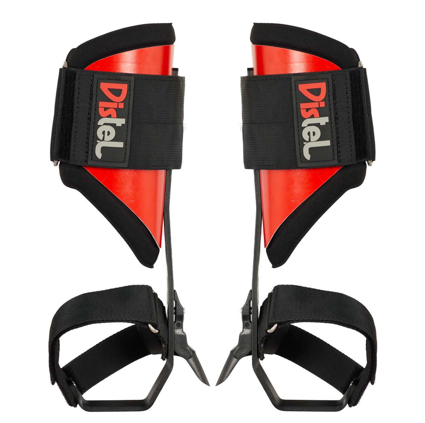 Distel Steel Velcro von Distel, zwei rote und schwarze Stahlsporne mit Klettverschluss und schwarzen Riemen, von vorne fotografiert