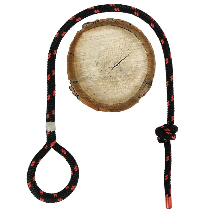 SpliceAnchor schwarzes Seil mit roten Punkten, in einer Schlaufe geformt, liegt neben einem runden Holzscheibenstück