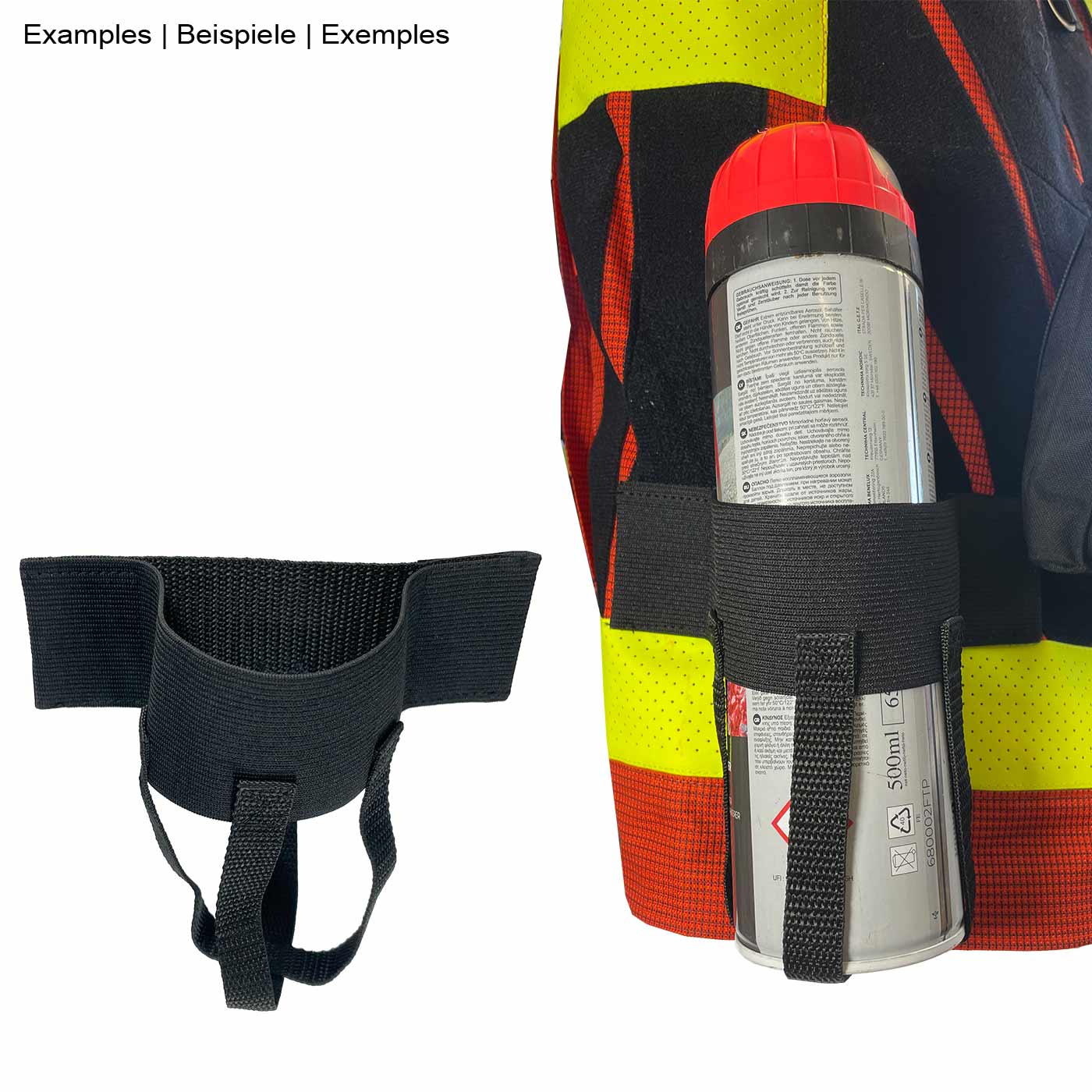 My Gear Vest Basic Set mit schwarzem elastischem Haltegurt mit Schlaufen, befestigt an einer Warnweste mit einer Spraydose