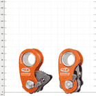 Zwei orangefarbene RollnLock Seilklemmen von Climbing Technology, eine von vorne und eine von hinten sichtbar